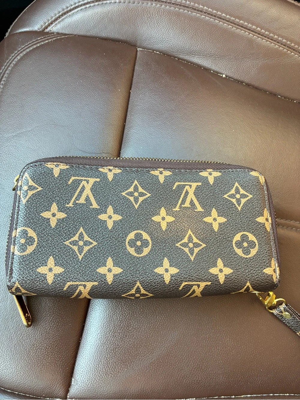 Louis Vuitton Brown Monogram Canvas Wristlet with Tan Monogram